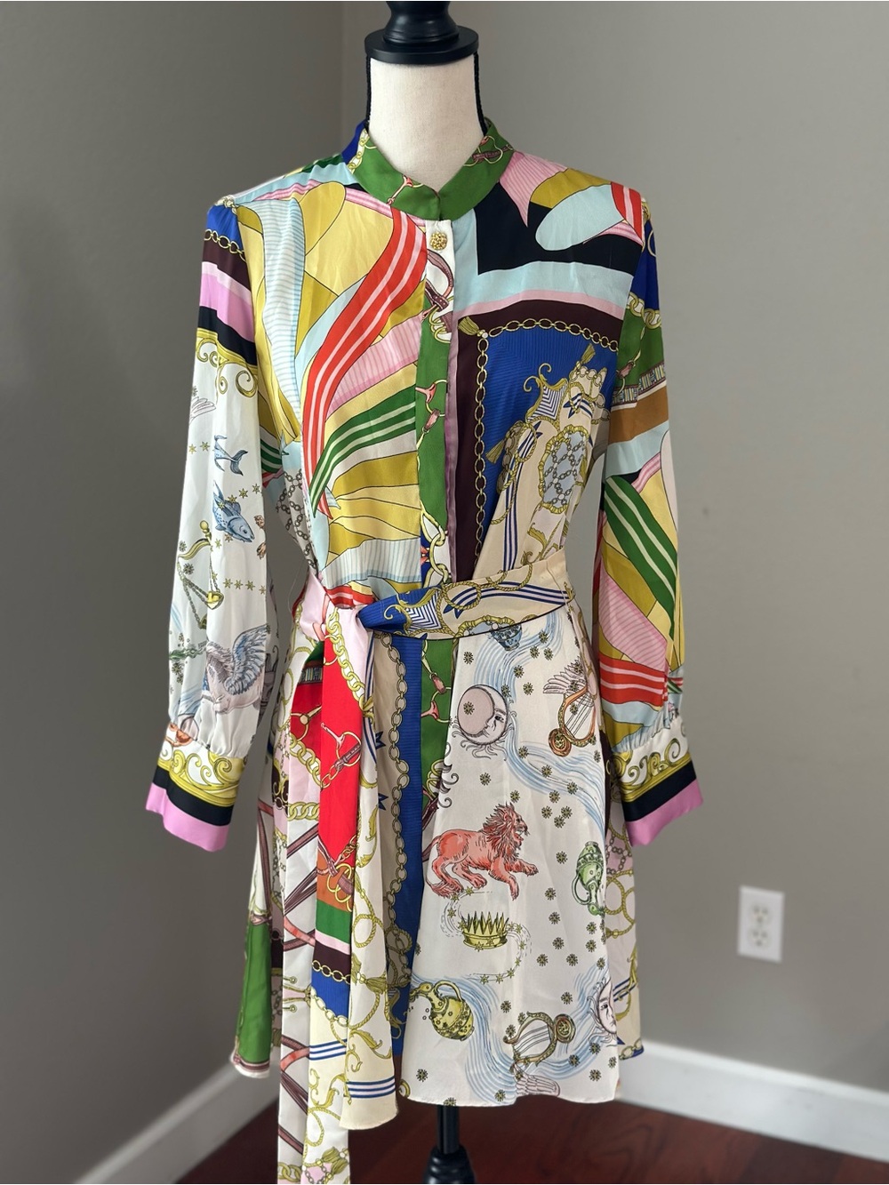 Zara Astrological Signs Mini Dress, featuring a vibrant multicolor scarf